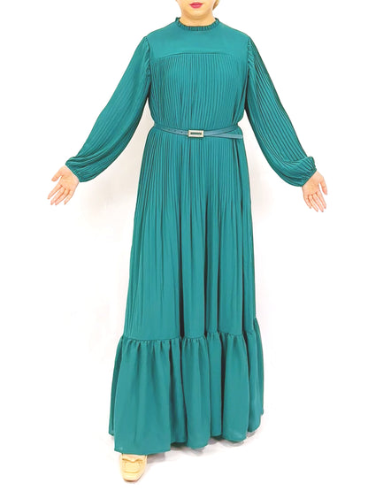 Plain Muslim Black and Green Pleated Abaya Dress