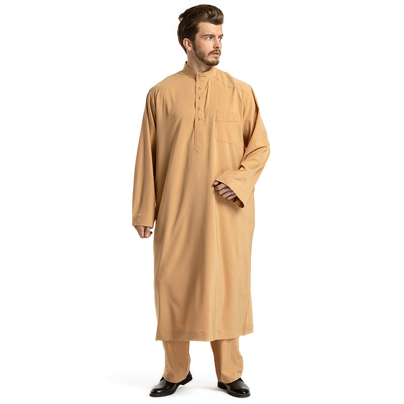 Men Solid Color Long-sleeved Robe Two-piece Set