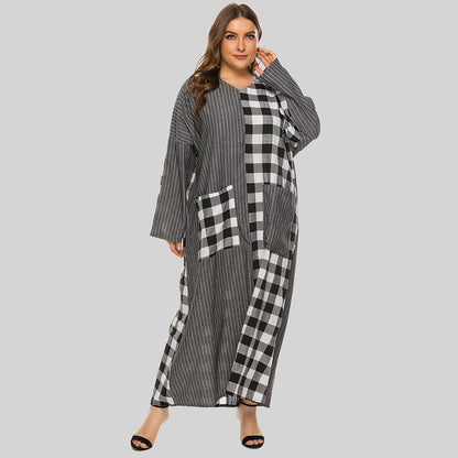 Women's V-neck Check Panels Long Loose Dress