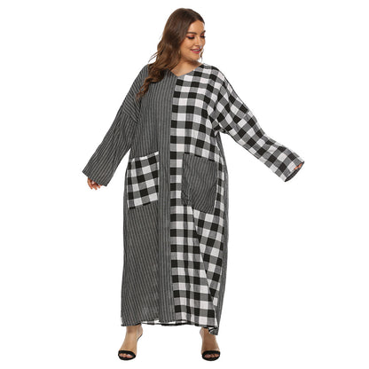 Women's V-neck Check Panels Long Loose Dress