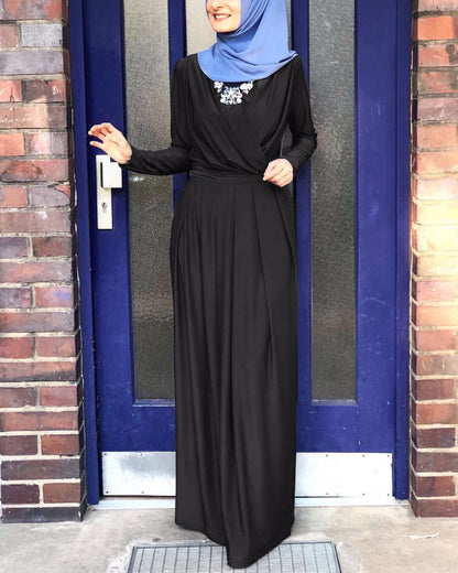 Women's V-neck Lace-up Pleated Abaya Dress