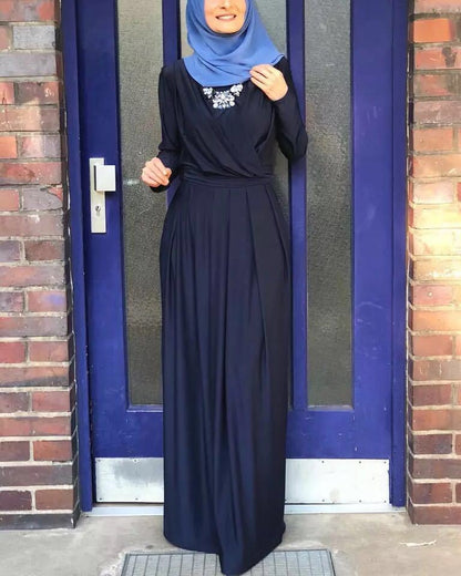 Women's V-neck Lace-up Pleated Abaya Dress