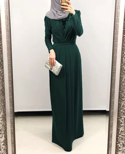 Women's V-neck Lace-up Pleated Abaya Dress