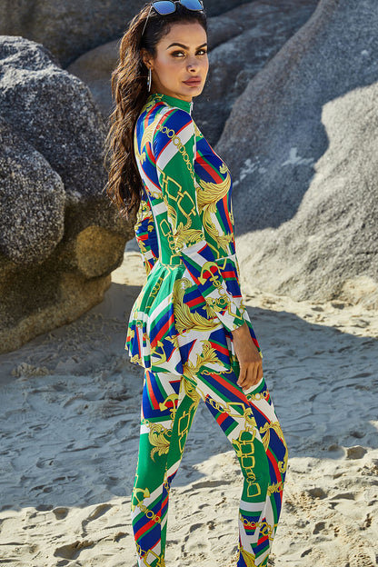 Burkini Printed Turtleneck Long-sleeved Sunscreen One-piece Swimsuit