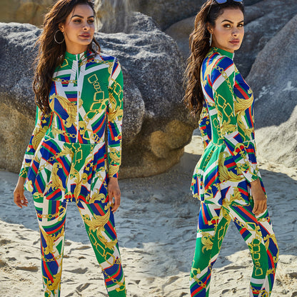 Burkini Printed Turtleneck Long-sleeved Sunscreen One-piece Swimsuit