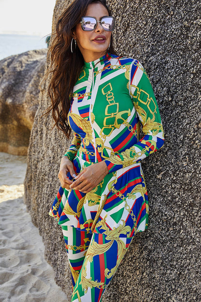 Burkini Printed Turtleneck Long-sleeved Sunscreen One-piece Swimsuit