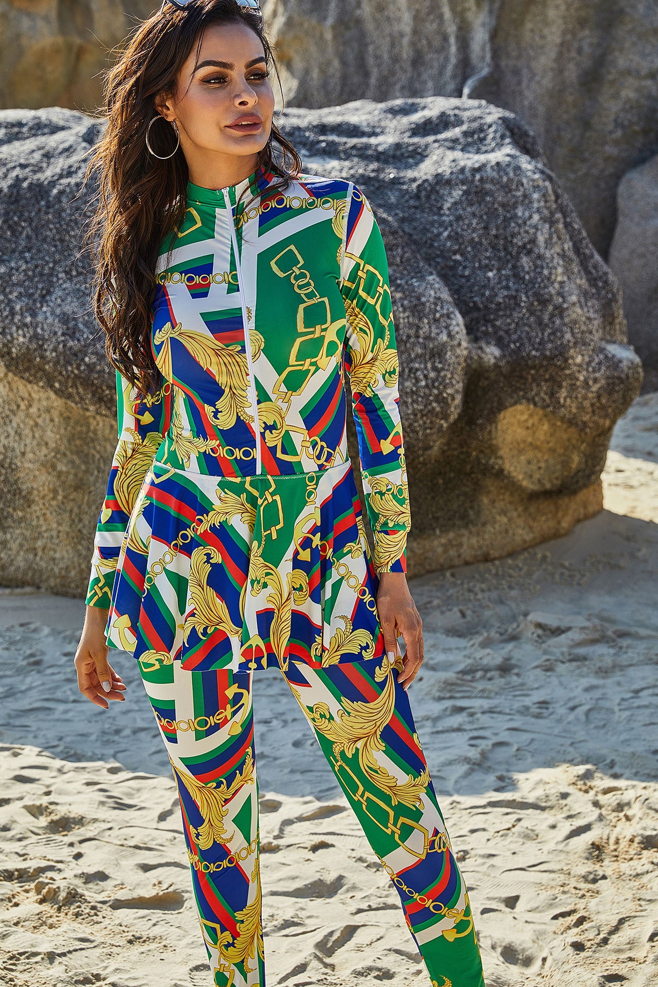 Burkini Printed Turtleneck Long-sleeved Sunscreen One-piece Swimsuit