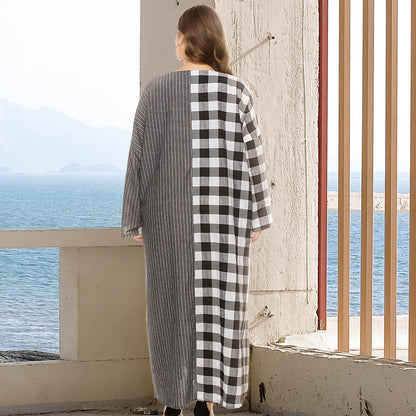 Women's V-neck Check Panels Long Loose Dress