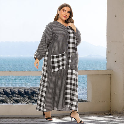 Women's V-neck Check Panels Long Loose Dress