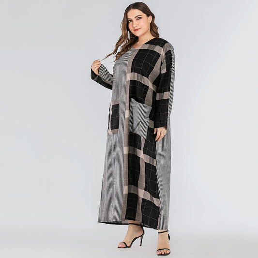 Women's V-neck Striped Geometric Panels Long-sleeved Dress