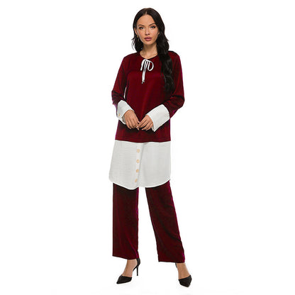 Women's Lace-Up Patchwork Tops and Wide Leg Pants Matching Sets