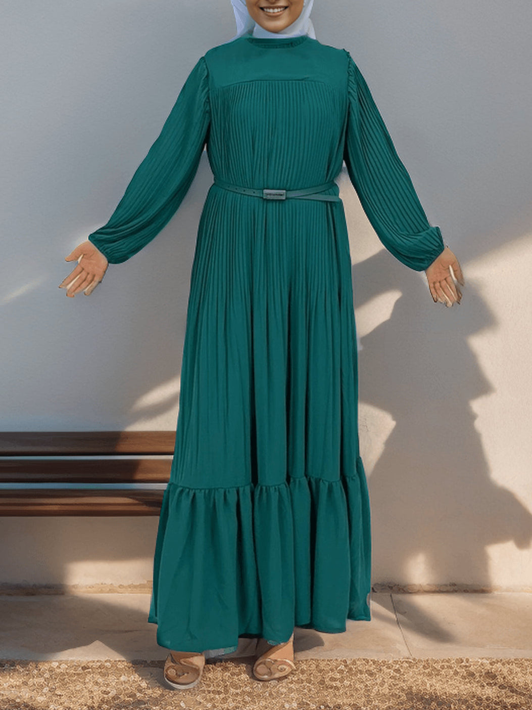 Plain Muslim Black and Green Pleated Abaya Dress