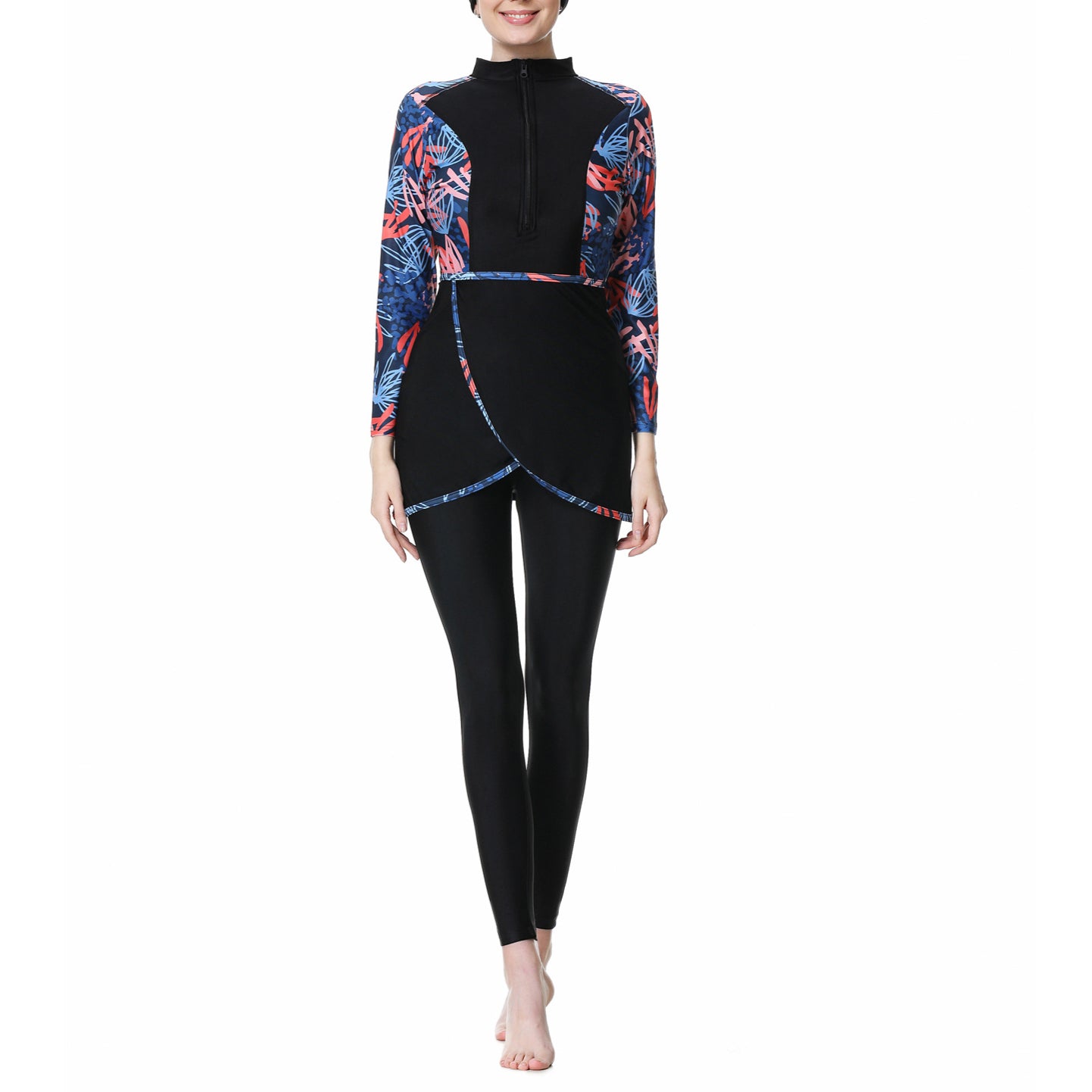 Printed Patchwork Pants + Top + Hat Three-piece Swimsuit Burkini