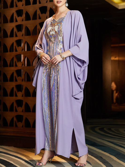 Sequin embroidered Cape Bat-shirt Abaya Party Dress