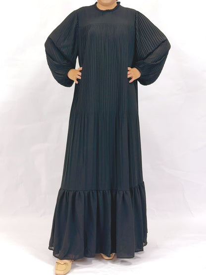 Plain Muslim Black and Green Pleated Abaya Dress