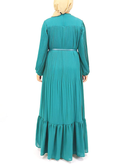 Plain Muslim Black and Green Pleated Abaya Dress