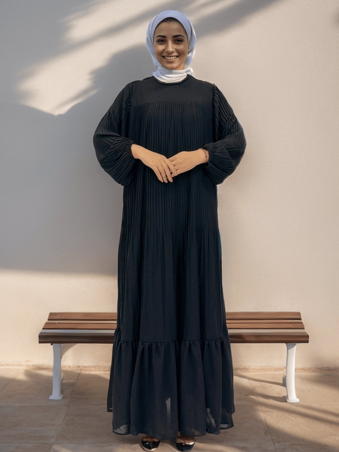 Plain Muslim Black and Green Pleated Abaya Dress