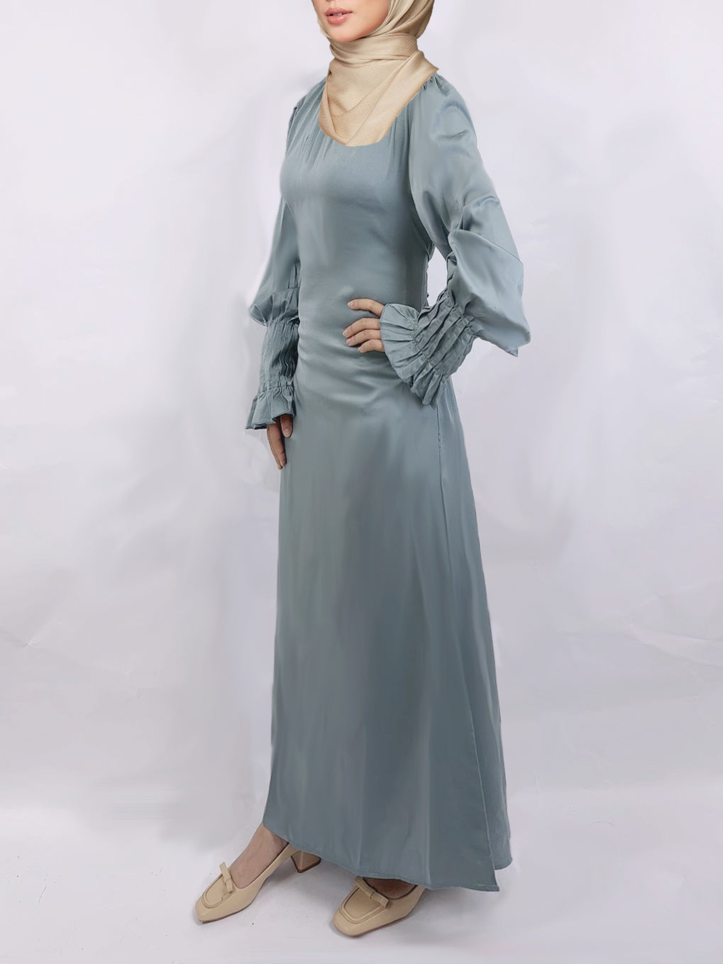 Modest Solid Satin Tie Back Pleats Cuff Maxi Dress