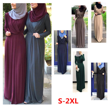 Women's V-neck Lace-up Pleated Abaya Dress