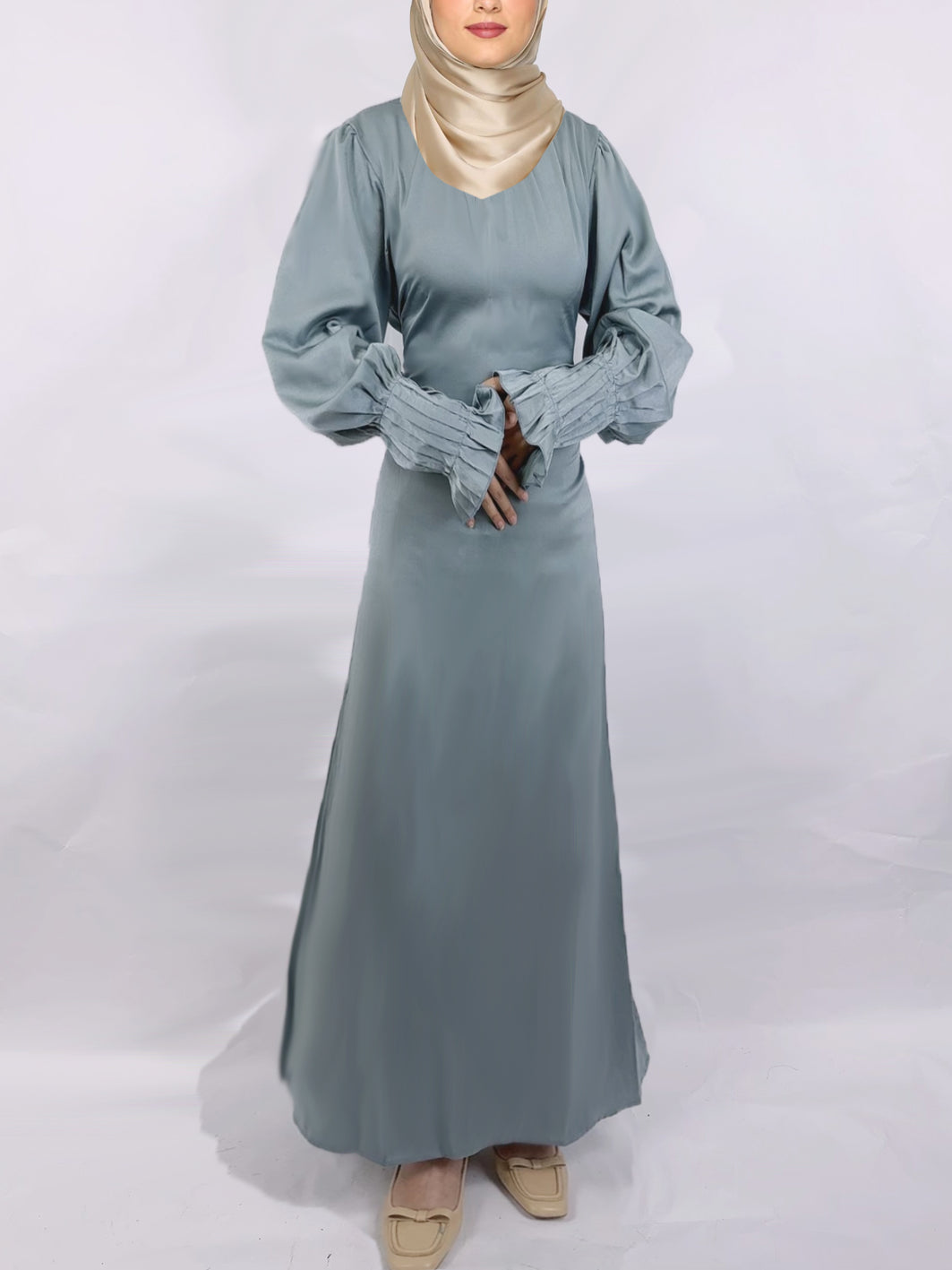 Modest Solid Satin Tie Back Pleats Cuff Maxi Dress