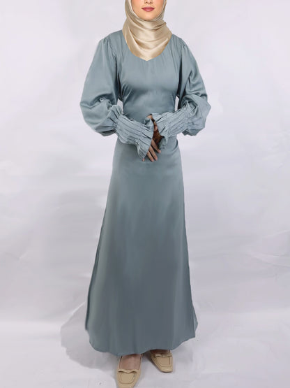 Modest Solid Satin Tie Back Pleats Cuff Maxi Dress