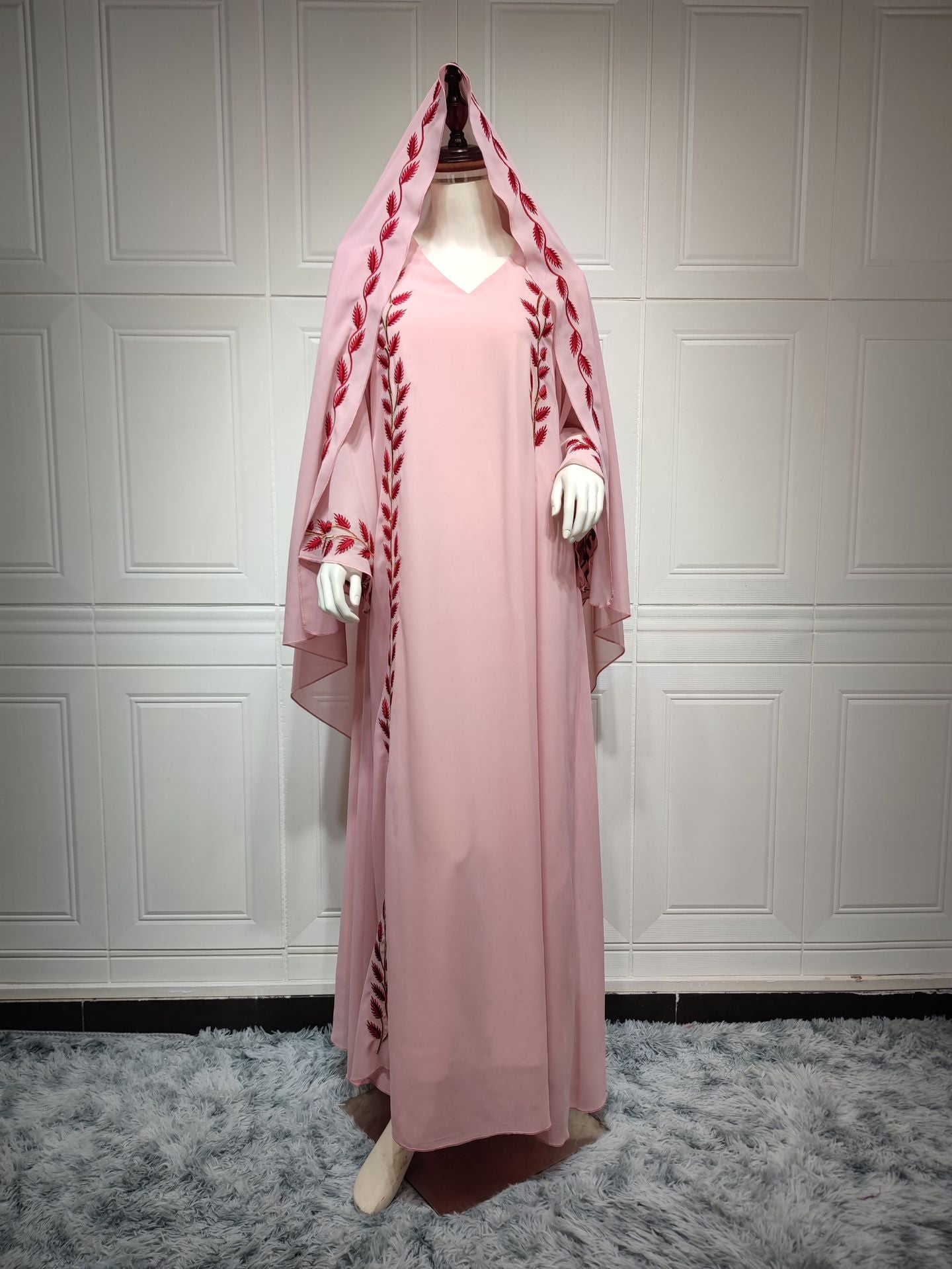 Chiffon Long Embroidered Crew Neck Dress with Scarf