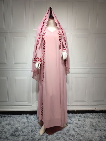 Chiffon Long Embroidered Crew Neck Dress with Scarf