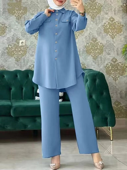 Women's Solid Color Shirt and Trousers Two-piece Suit