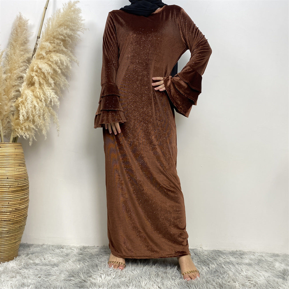 Modest Golden Velvet Flared Sleeve Dress