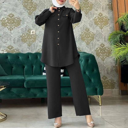 Women's Solid Color Shirt and Trousers Two-piece Suit