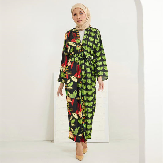 V-Neck Printed Cardigan Open Abaya Dress