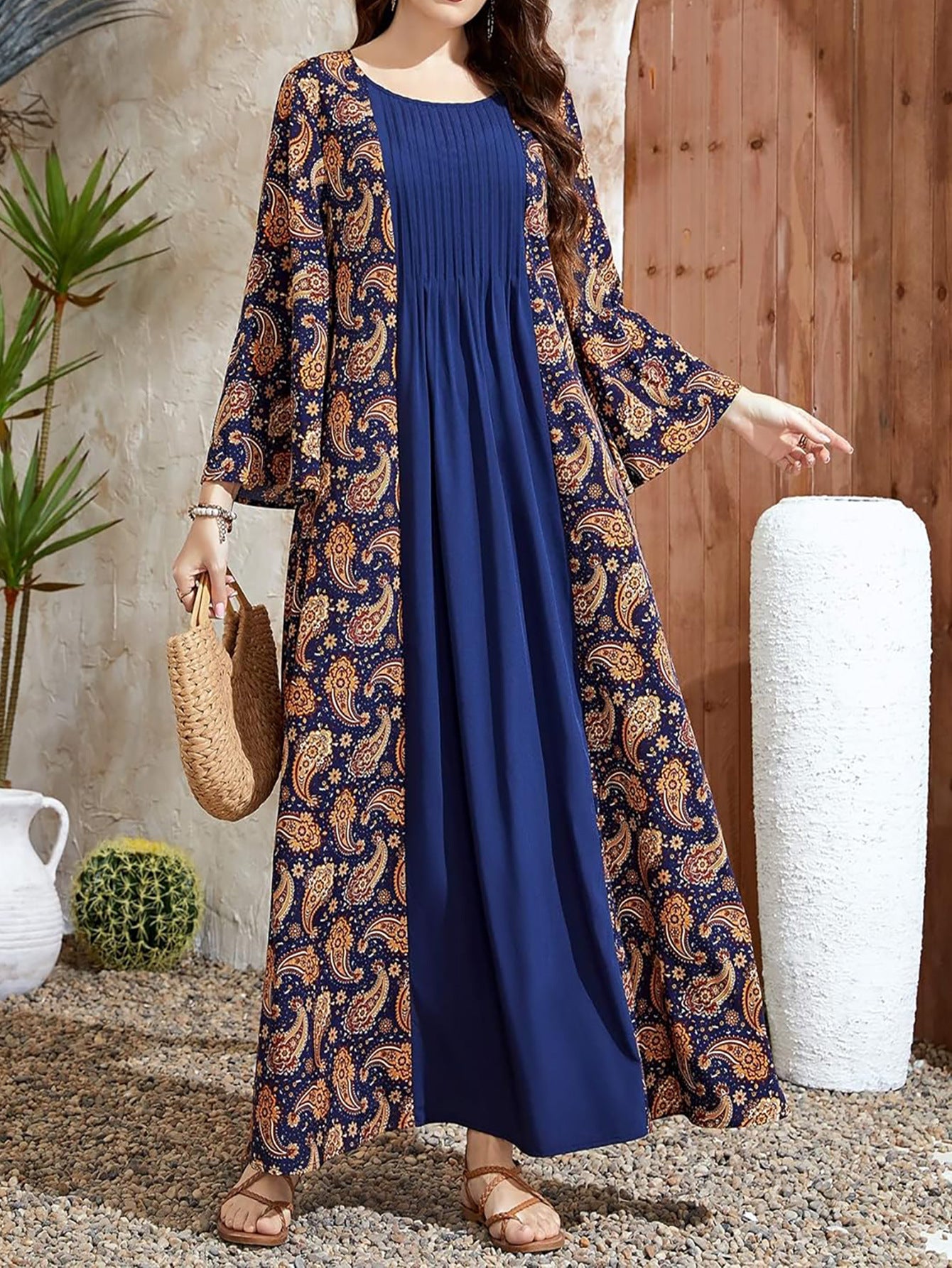 Women's Printed Casual Panelled Flared Sleeve Dress