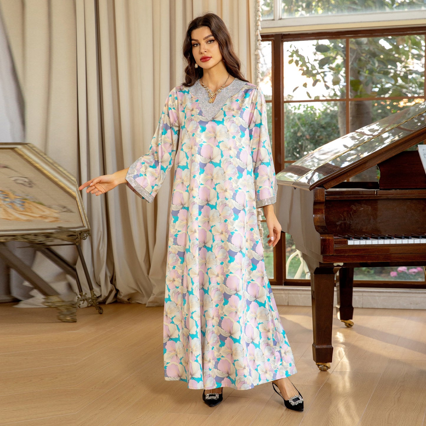 Women's Fashion Print Jalabiya Pink Dress