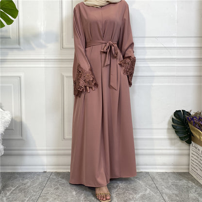 Modest Plain Floral Lace Zip-up Dress