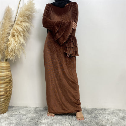 Modest Golden Velvet Flared Sleeve Dress