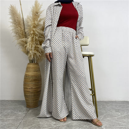 Printed Satin Button-down Robe+ Pocket Pants Two-piece Set