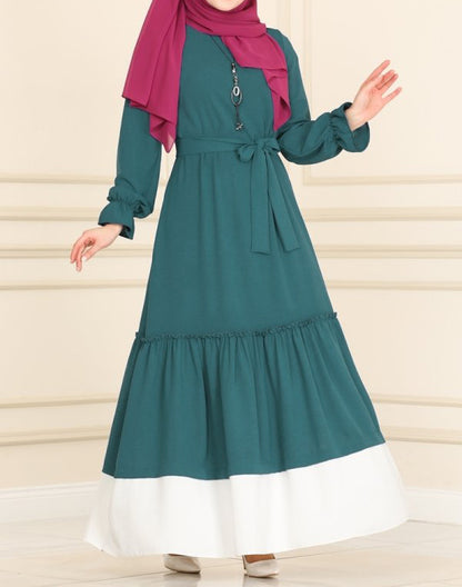 Color-blocked Fungus-trimmed Waist-cinching Lace-up Dress