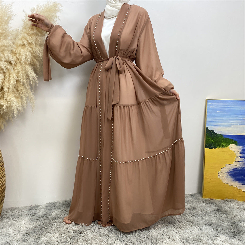 Solid Beaded Strappy Chiffon Cardigan Robe