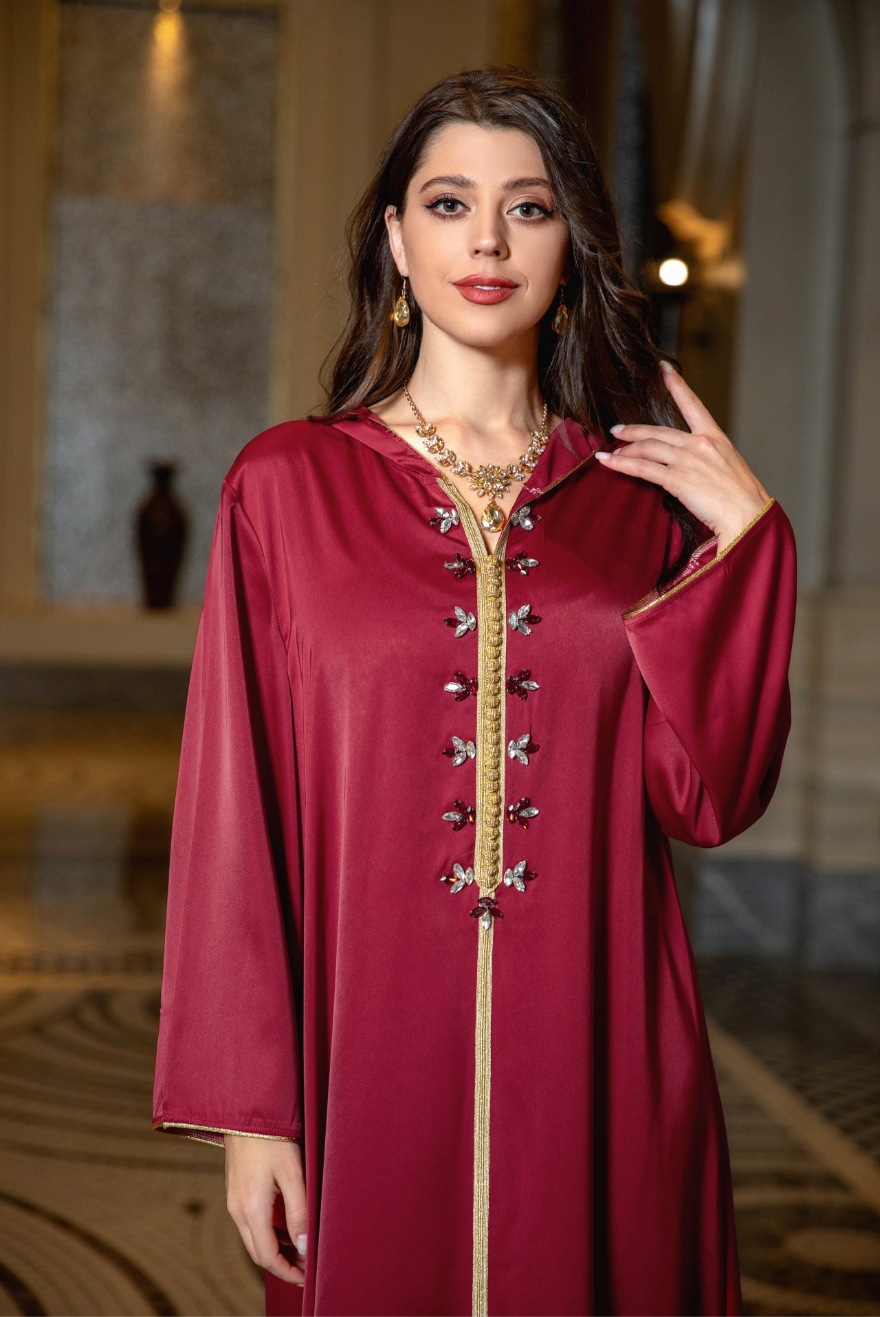 Women's Satin Beaded Abaya Dress