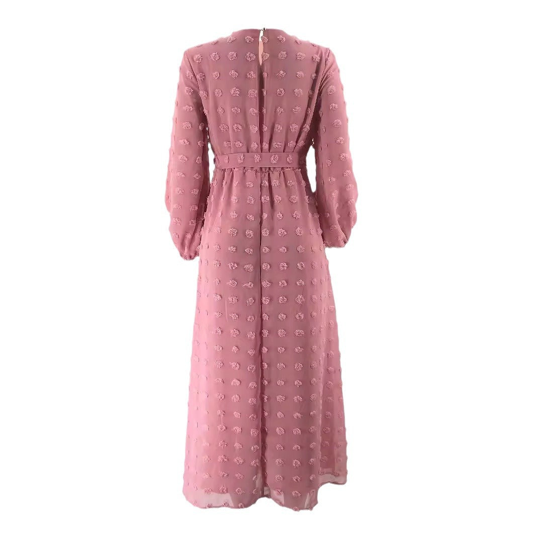 Women's Solid Color Jacquard Abaya Dress with Belt