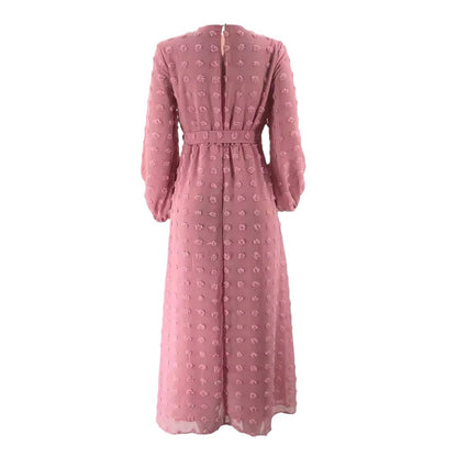 Women's Solid Color Jacquard Abaya Dress with Belt