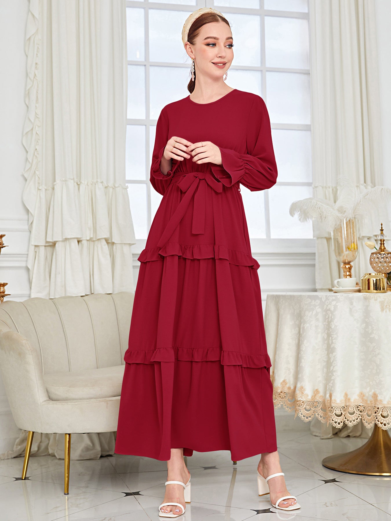 Islamic Plain Ruffled Red Abaya Dress