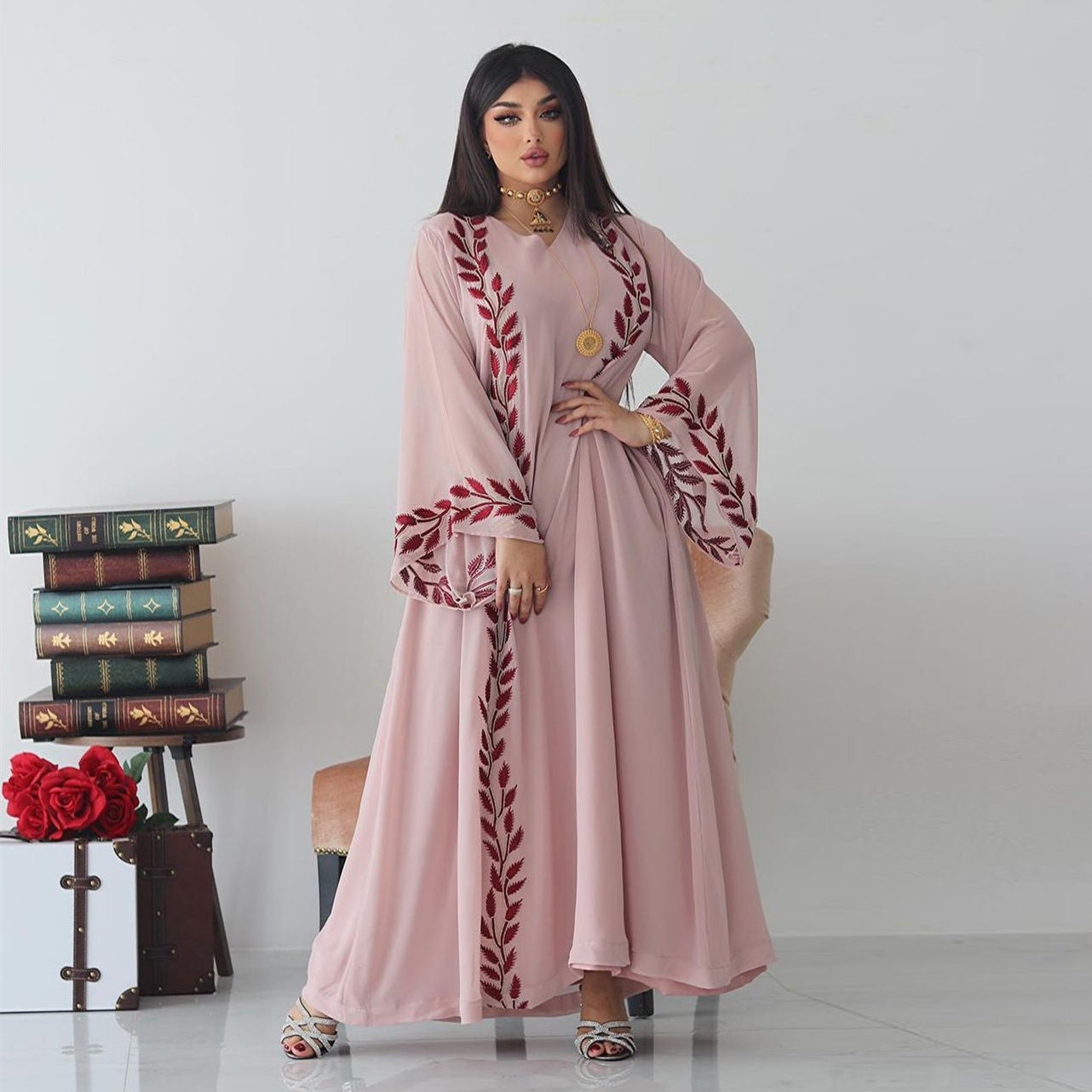 Chiffon Long Embroidered Crew Neck Dress with Scarf