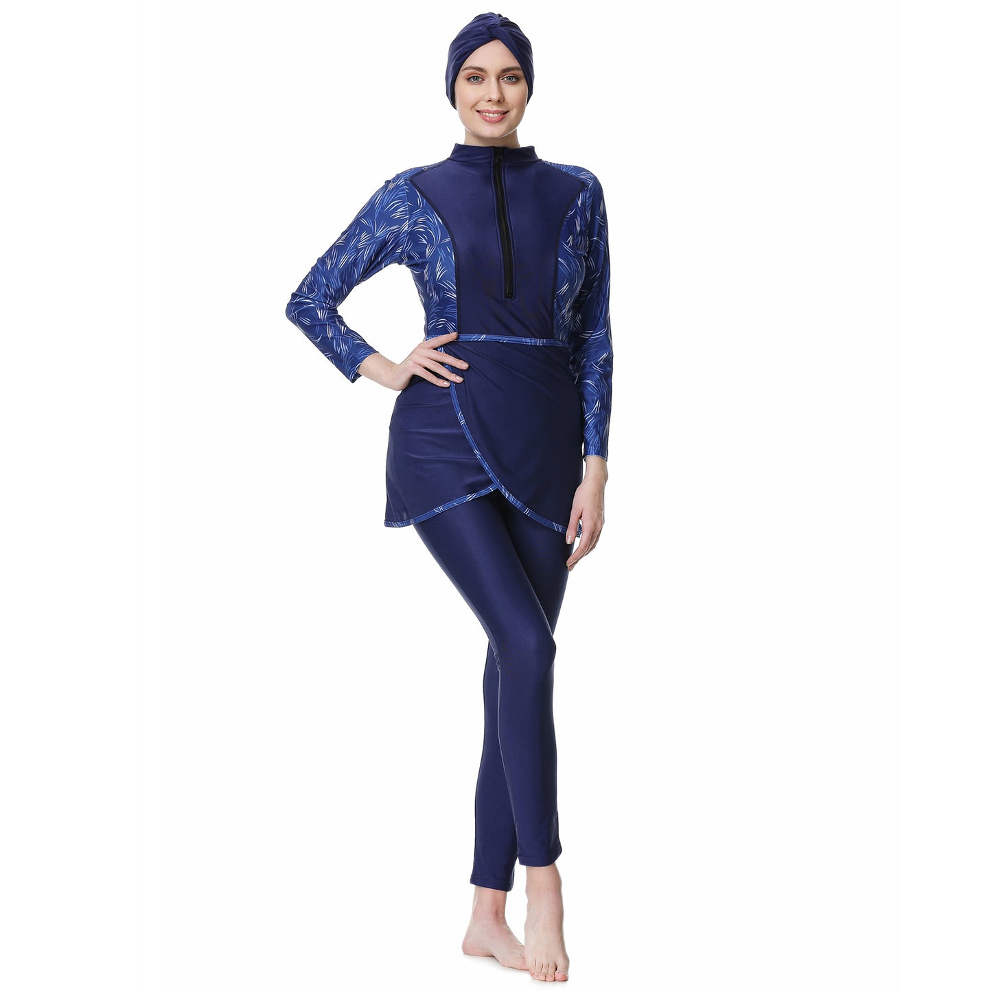 Printed Patchwork Pants + Top + Hat Three-piece Swimsuit Burkini