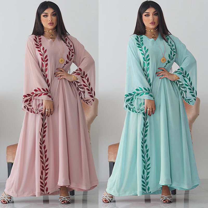 Chiffon Long Embroidered Crew Neck Dress with Scarf