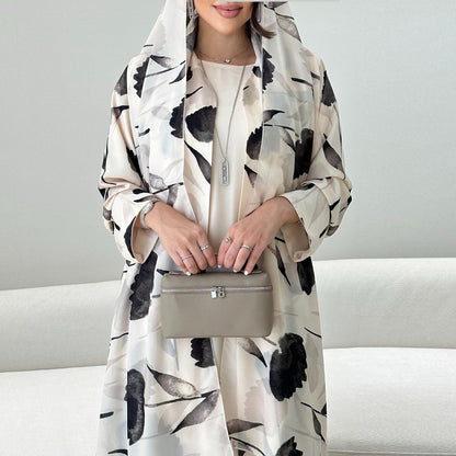 Women's Printed Robe Open Abaya with Hijab