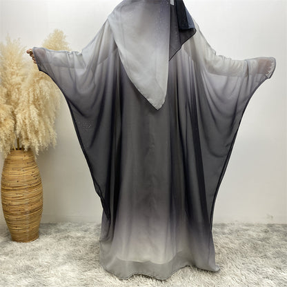 Muslim Chiffon Cardigan Gradient Bat Sleeve Set with Hijab