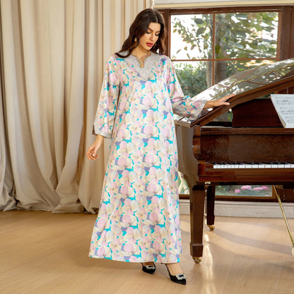 Women's Fashion Print Jalabiya Pink Dress