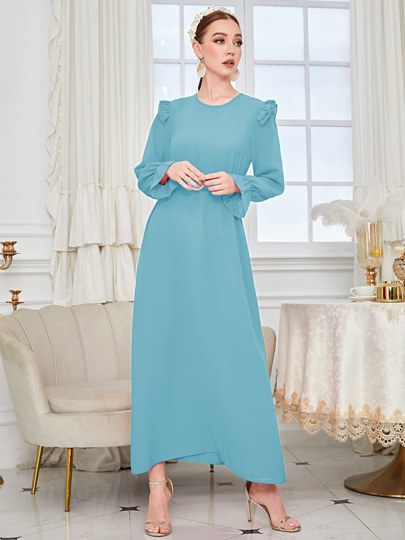 Elegant Solid Color Blue Abaya Dress
