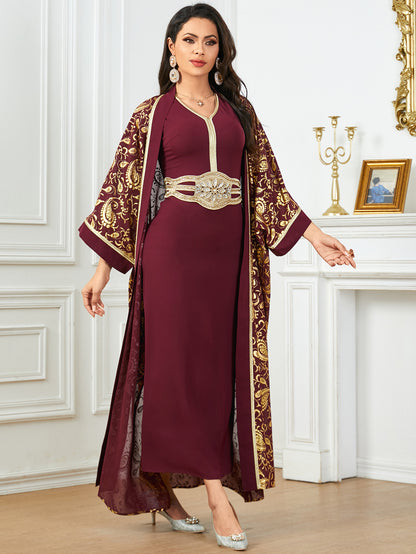 Women's Summer New Muslim Stamped Robe Two Piece Dresses